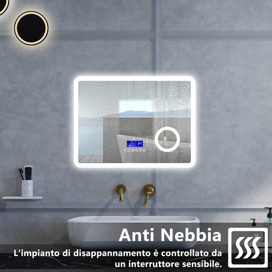 Specchio da bagno Rettangolare con 80x60cm,ingranditore 3x,orologiBlue tooth,3 colori,Memoria, Antifog,Regorabile,Retroilluminato,doppio interruttore,