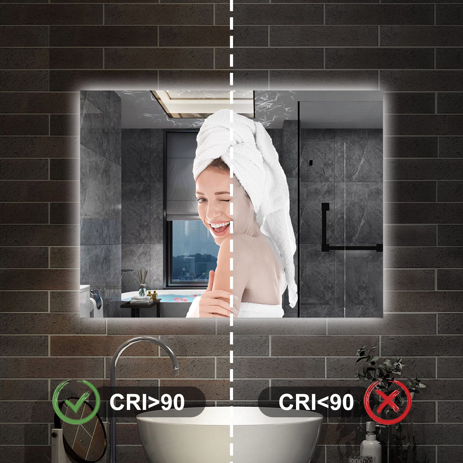 Specchio bagno Rettangolare 80x60 cm con led. Dimmerabile + Touch Control + Bordo non sabbiato + IP44