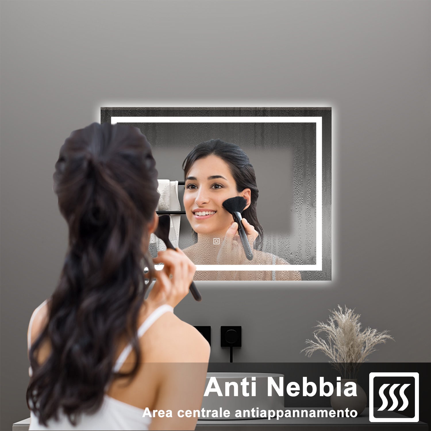 AICA Specchio da bagno  80 x 60 cm, dimmerabile, interruttore touch, Funzione Memoria, antiappannamento