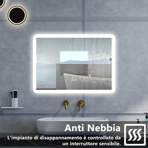 Specchio da bagno Rettangolare con 70x50cm,Blue tooth,3 colori,Memoria, Antifog,Regorabile,Retroilluminato,doppio interruttore,