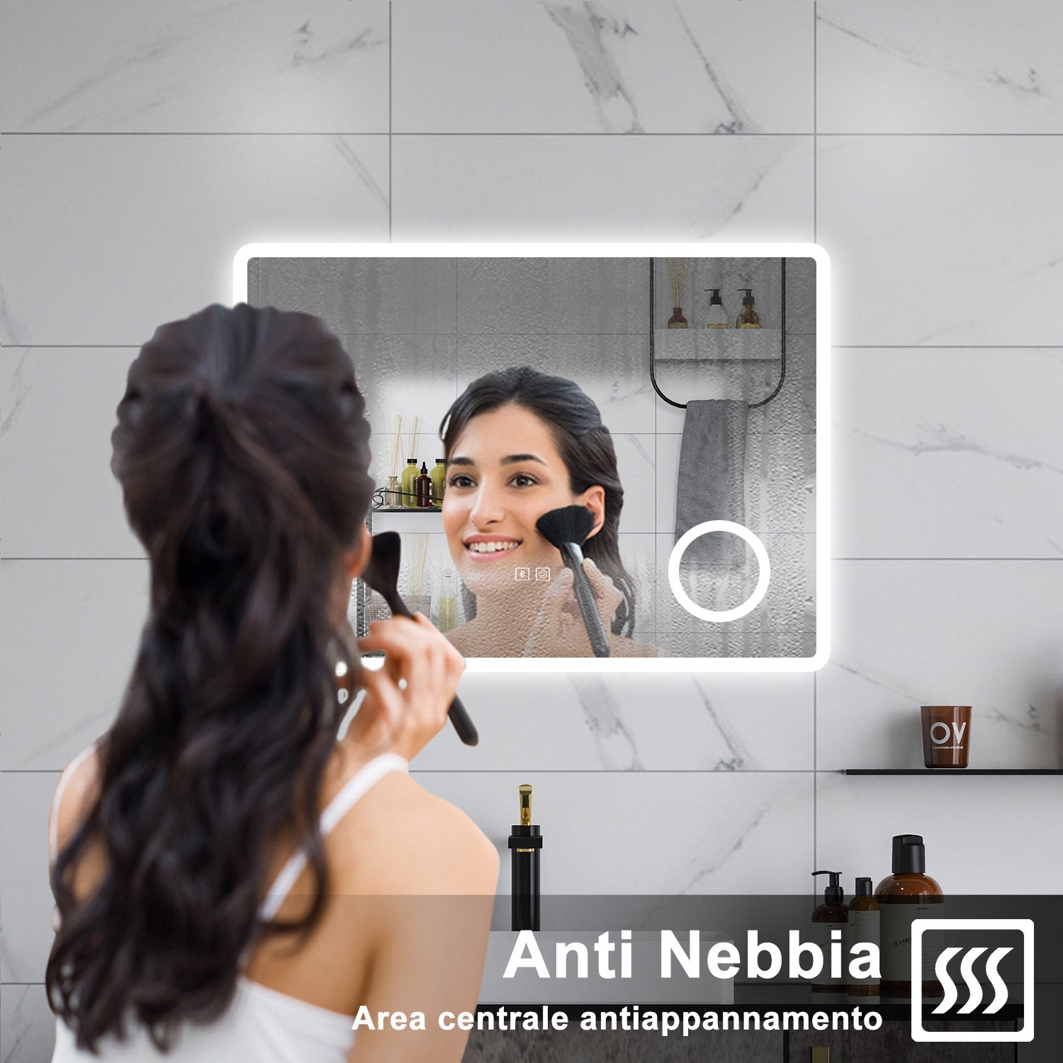 AICA Specchio da bagno  60 x 80 cm, dimmerabile, Blue tooth, Funzione Memoria, antiappannamento, 3 colori, Magnificatore