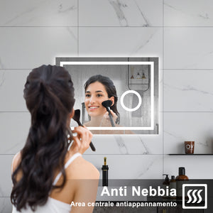 AICA Specchio da bagno  80 x 60 cm, dimmerabile, Blue tooth, Funzione Memoria, antiappannamento, 3 colori, Magnificatore