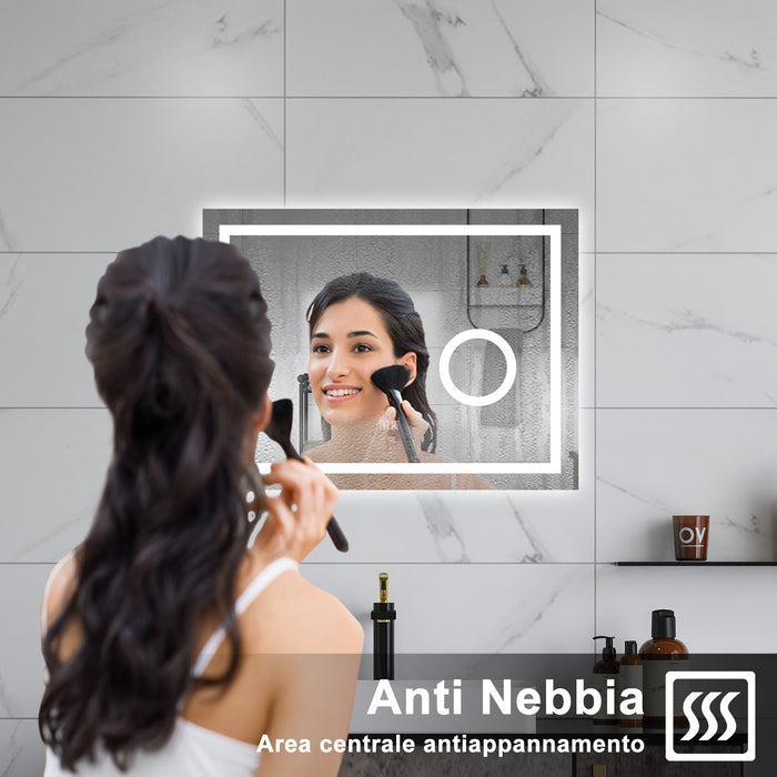 AICA Specchio da bagno  80 x 60 cm, dimmerabile, Blue tooth, Funzione Memoria, antiappannamento, 3 colori, Magnificatore