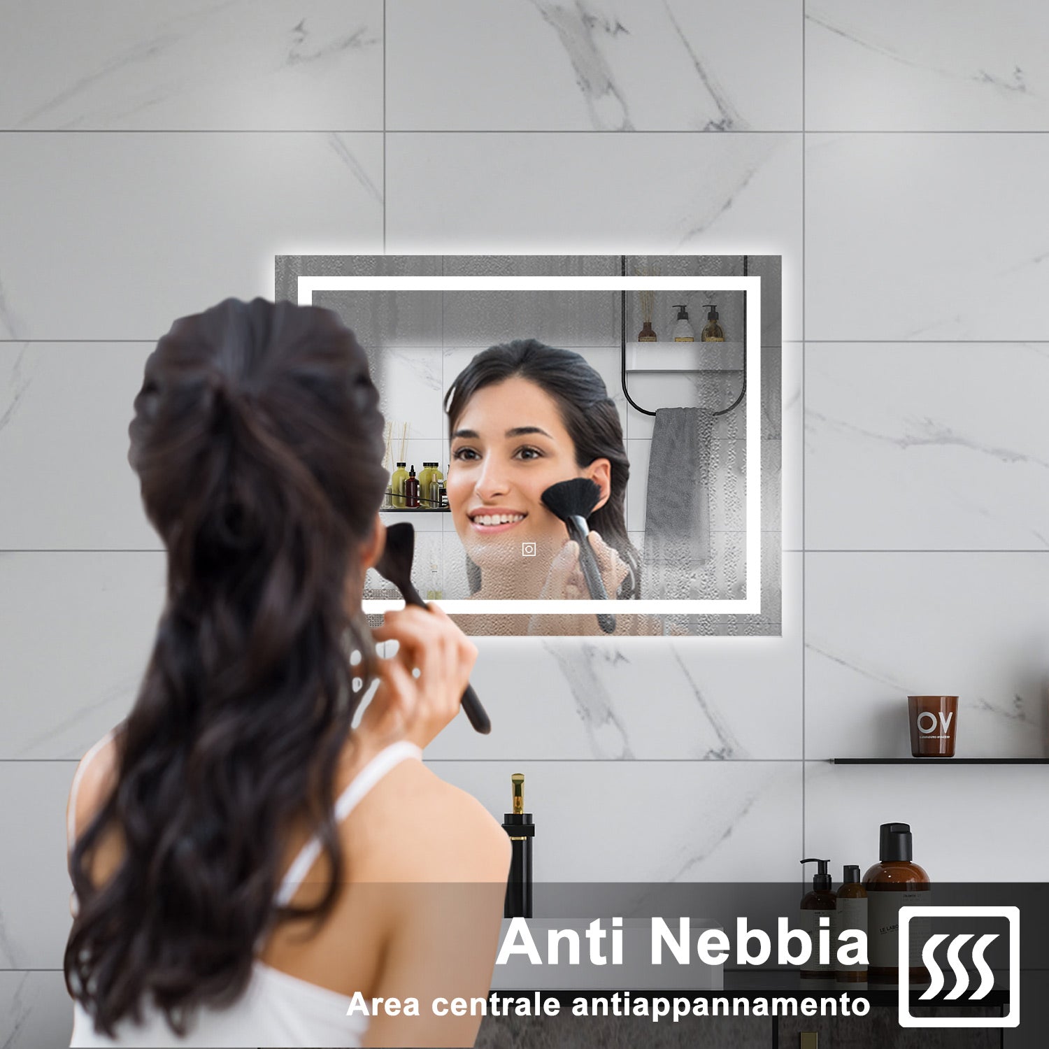 AICA Specchio da bagno  80 x 60 cm, dimmerabile, interruttore touch, Funzione Memoria, antiappannamento