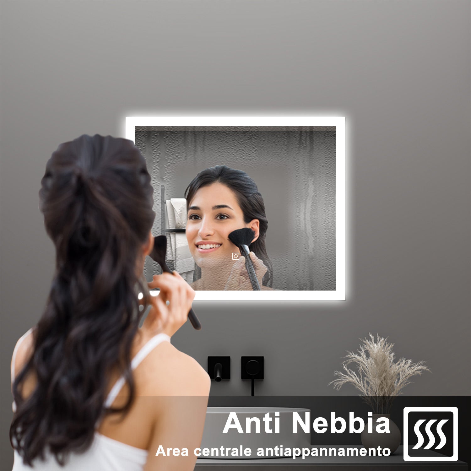 AICA Specchio da bagno  90 x 70 cm, dimmerabile, Funzione Memoria, antiappannamento, 3 colori