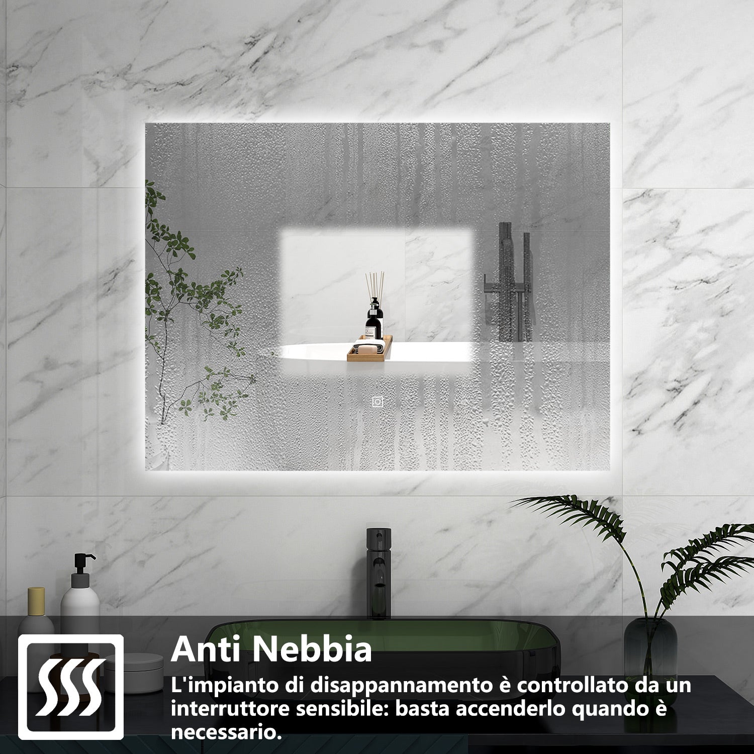 AICA Specchio da bagno 90 x 70 cm, antiappannamento, Regorabile, interruttore touch, Funzione Memoria
