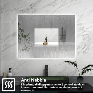 AICA Specchio da bagno 90 x 70 cm, antiappannamento, Regorabile, interruttore touch, Funzione Memoria