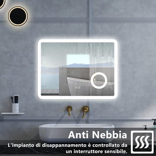 Specchio da bagno Rettangolare con 80x60cm,ingranditore 3x,Blue tooth,3 colori,Memoria, Antifog,Regorabile,Retroilluminato,doppio interruttore,