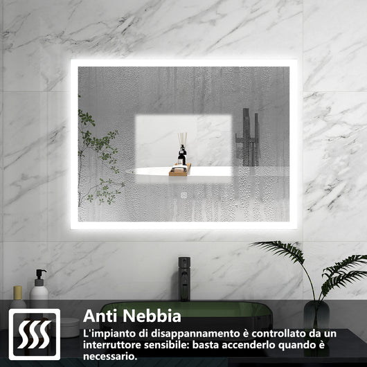 AICA LED Specchio da bagno 60¡Á50 cm, luminosit¨¤ regolabile a 3 colori, antiappannamento, memoria di interruzione di corrente