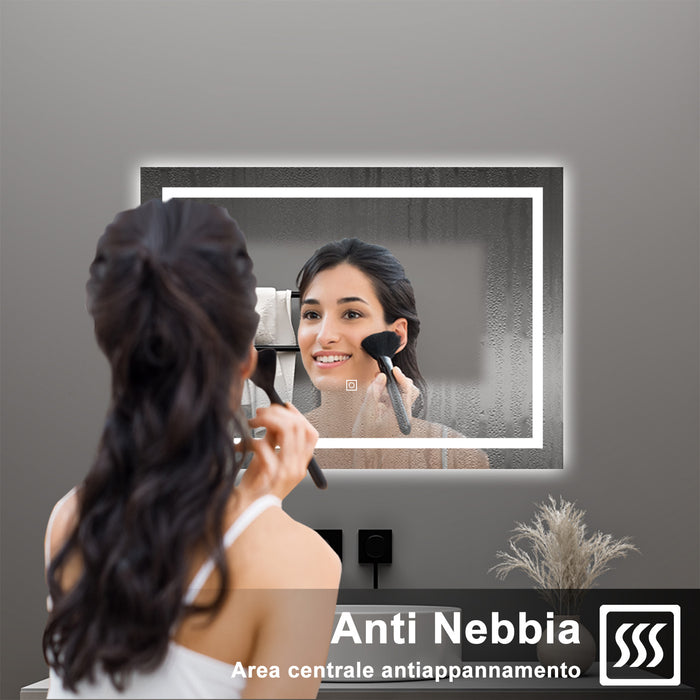 AICA Specchio da bagno  70 x 50 cm, dimmerabile, interruttore touch, Funzione Memoria, antiappannamento, 3 colori