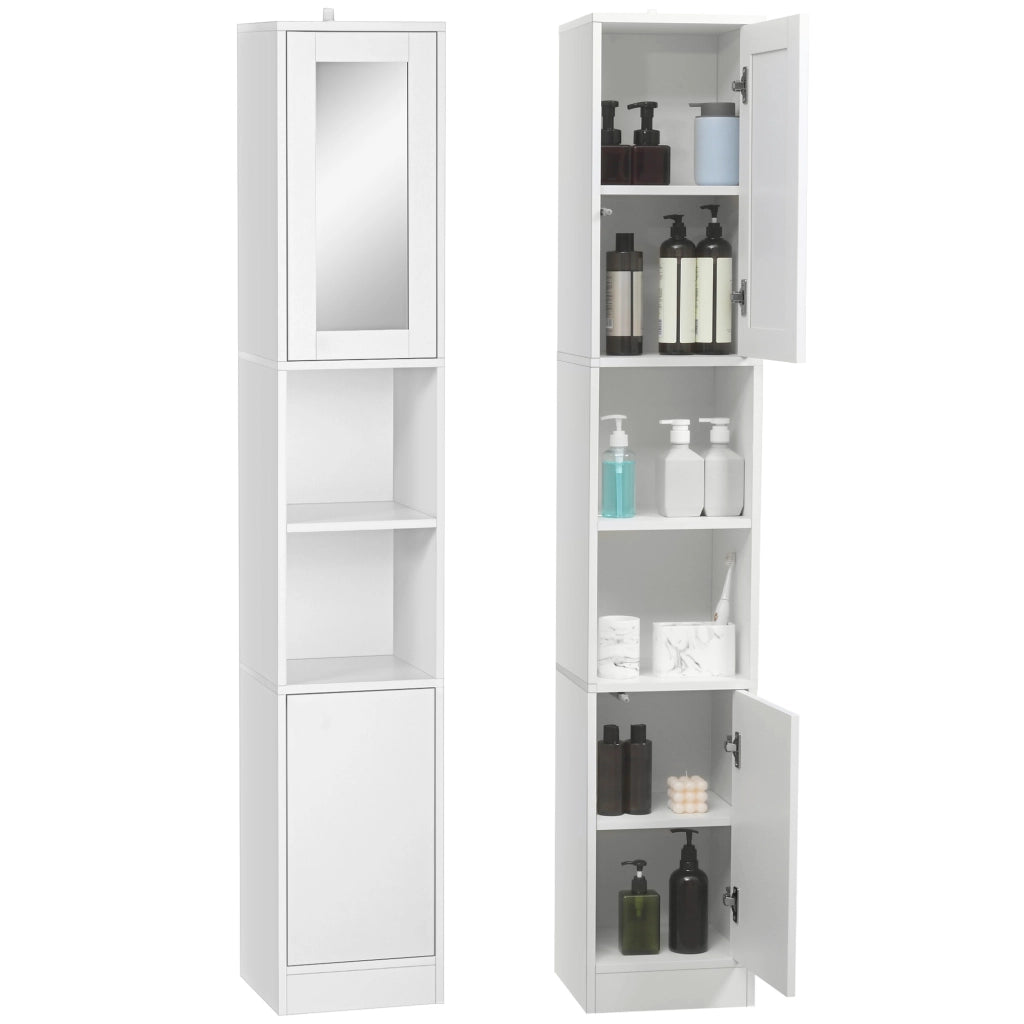 Colonna Bagno Salvaspazio in Legno con Specchio e Apertura a Pressione, 30x28x170cm, Bianco
