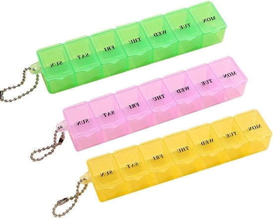 Cassetta per tablette per 7 giorni, organizzatore per pillole con compartimenti facili da aprire, cassetta per integratori, vitamine e acido grasso (blu, verde, giallo)