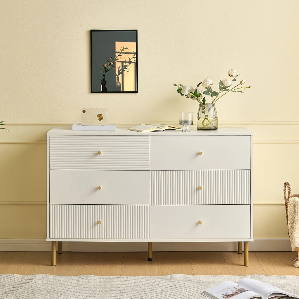 Cassettiera con 6 Cassetti e Gambe in Acciaio; Maniglie in Lega di Zinco; Stile Moderno; in MDF; 120??40??78 cm; Bianco