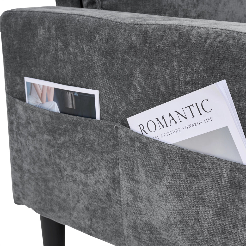 Divano Ad Angolo 3 Posti con Poggiapiedi; Porte USB e Tipo-C; 2 Portabicchieri; con Tasche; in Lino Grigio