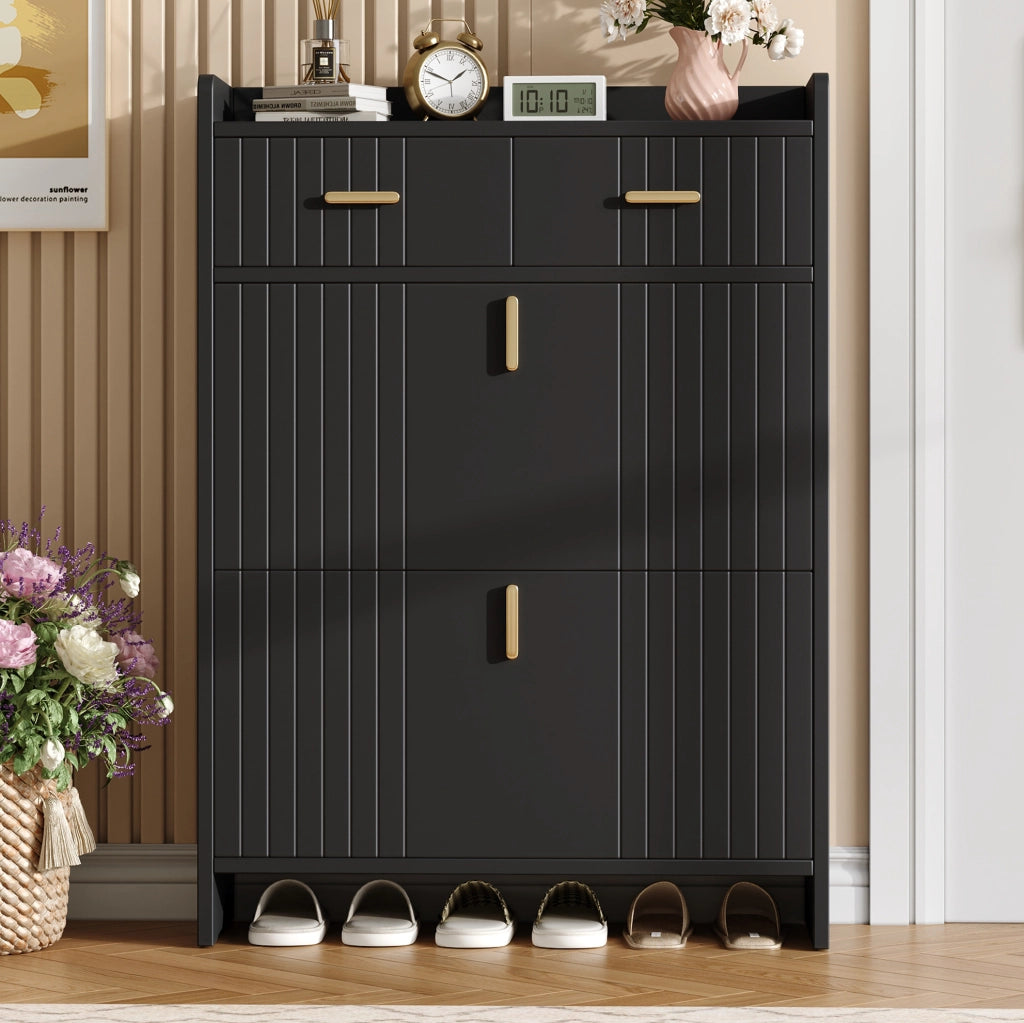 Scarpiera a ribalta 75x24x108，5 cm nera， ingresso， 2 cassetti