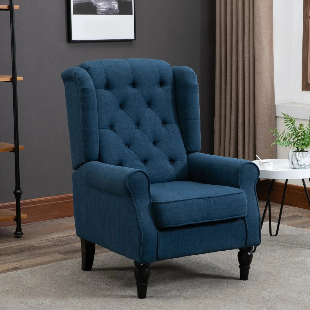 Poltrona orecchioni imbottita con schienale alto, braccioli arrotondati e gambe in legno, Blu