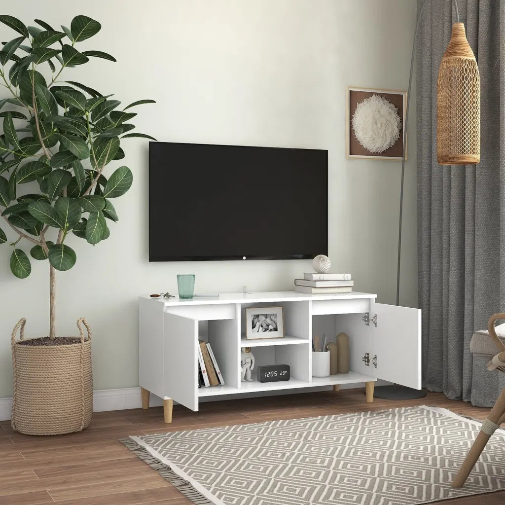 Comodino con Gambe in Legno-Tavolino da notte Massello Bianco 103,5x30x50 cm