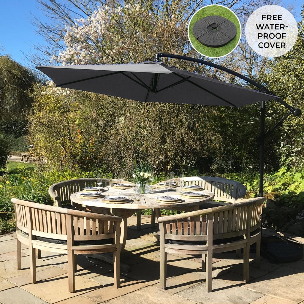 Ombrellone da Giardino a Sbalzo Ombrellone Decentrato Retrattile Ombrellone Richiudibile con Manovella 3x3 M e Copertura Antipioggia con Base Zavorra Rotonda - Grigio
