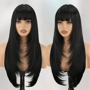 Parrucca nera lunga e dritta con coda per donne, 76 cm, capelli sintetici realistici, parrucca termoresistente naturale per ragazze, utilizzo per giochi di ruolo e uso quotidiano