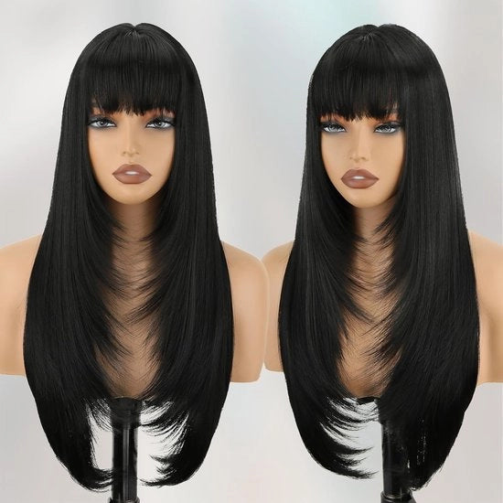 Parrucca nera lunga e dritta con coda per donne, 76 cm, capelli sintetici realistici, parrucca termoresistente naturale per ragazze, utilizzo per giochi di ruolo e uso quotidiano