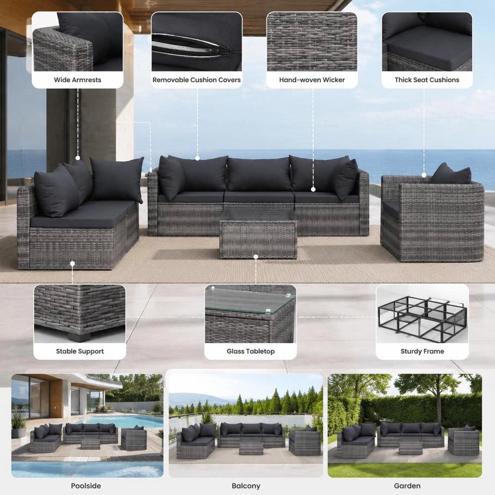 7-piece Garden Sofa Set With Cushions & Pillows, Poly Rattan Grey