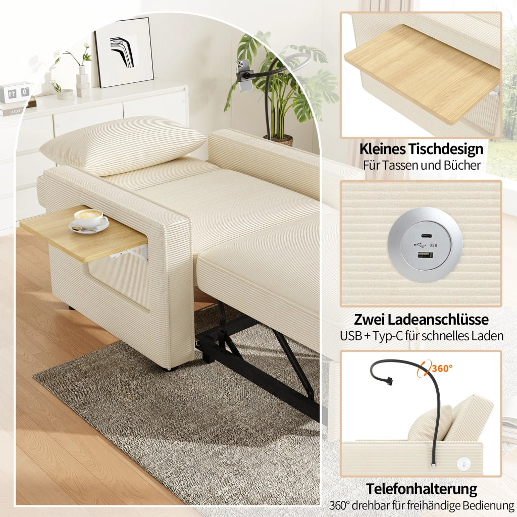 Divano letto 1 posto - con schienale regolabile; USB e porta smartphone - in tessuto a coste beige