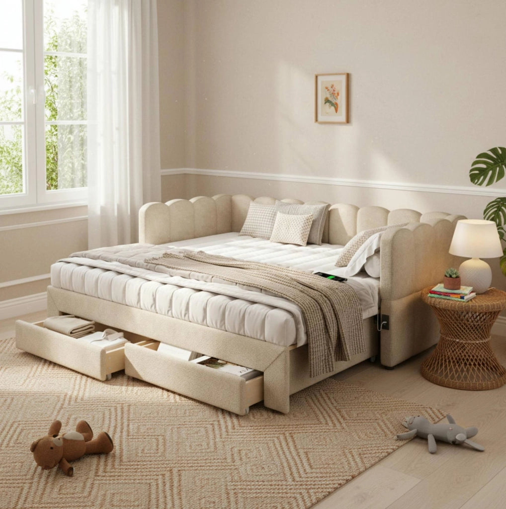 Letto da giorno estraibile con 2 cassetti; USB e Type-C; 180x190 cm; in chenille beige