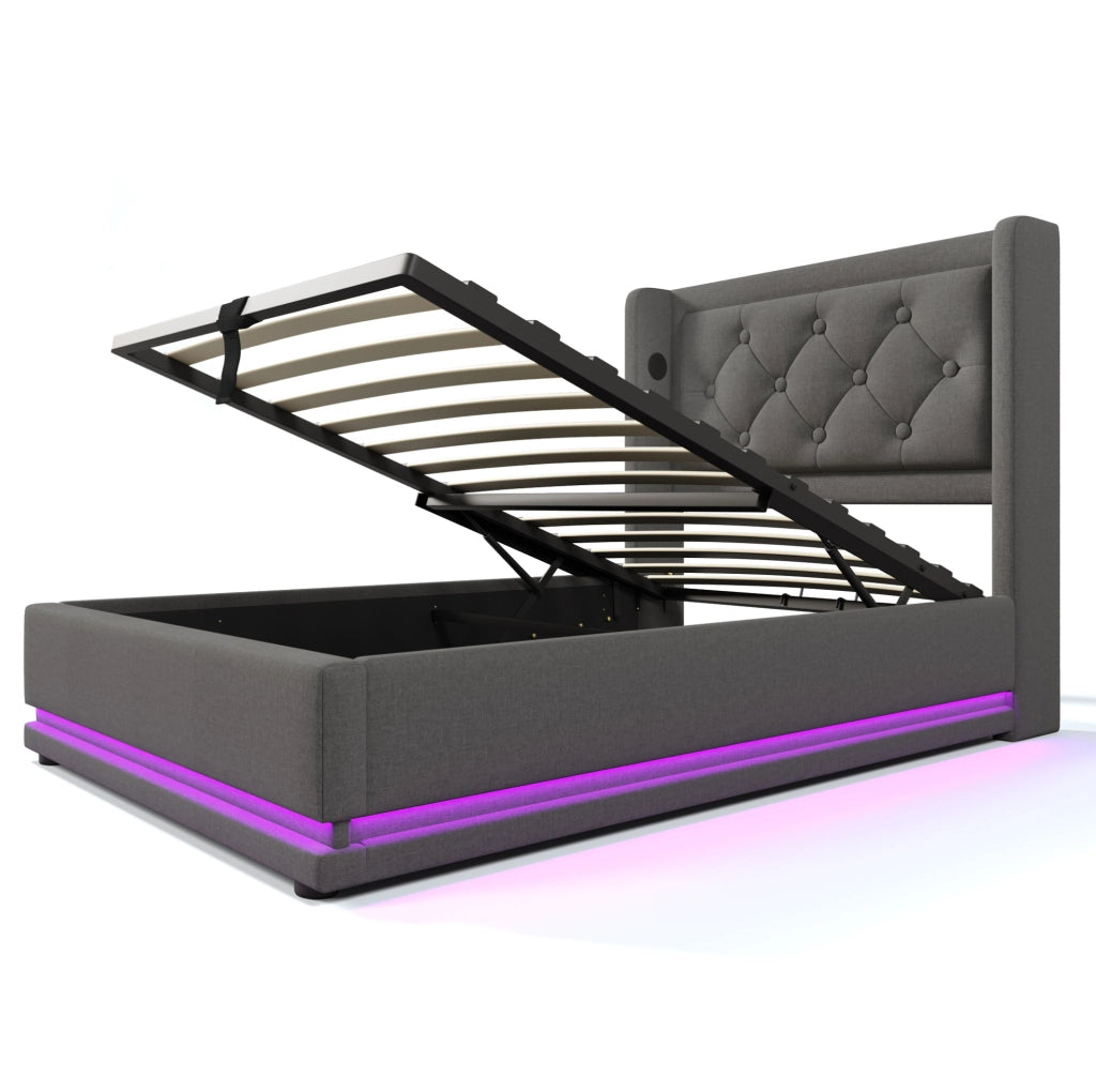 Letto singolo imbottito 90x200 cm con contenitore; testiera con USB e LED; grigio in cotone