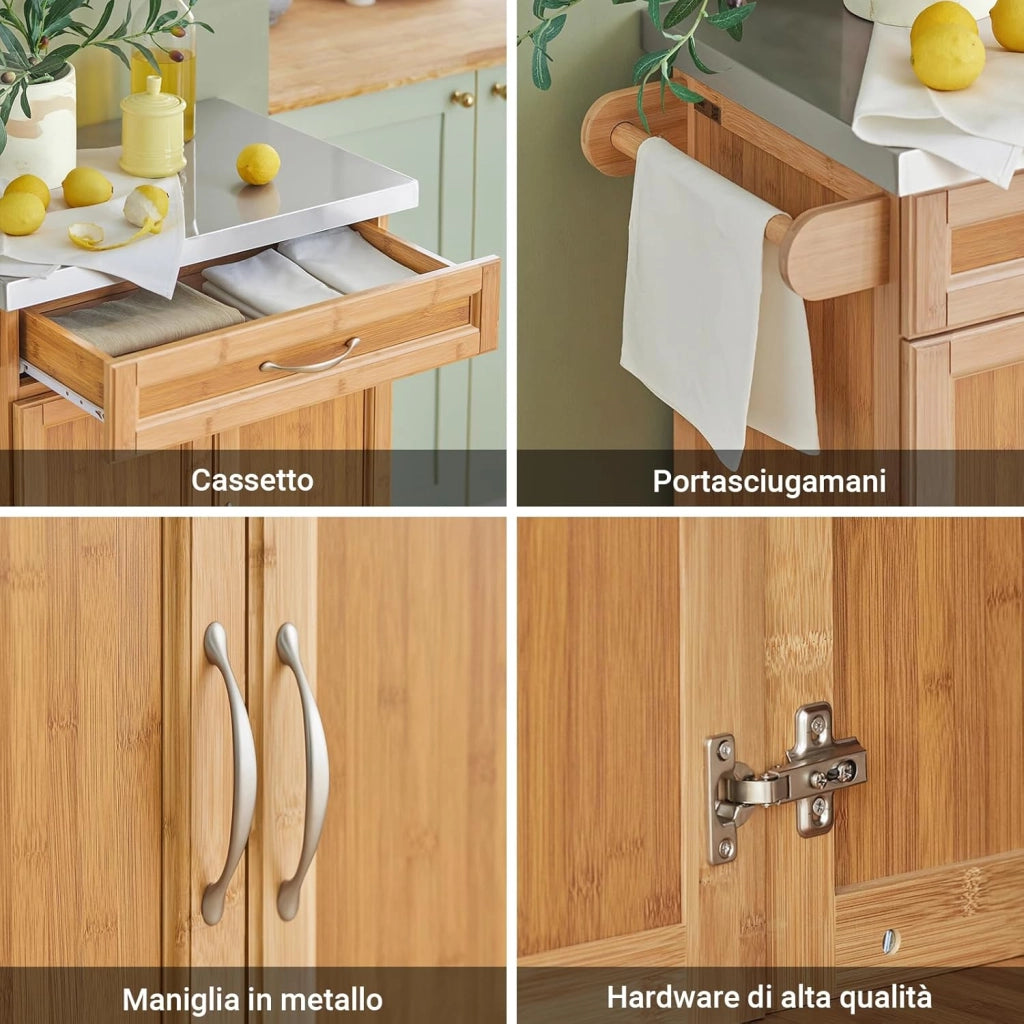 Carrello cucina con ruote, piano in acciaio inox, mobile cucina salvaspazio in bambù, isola cucina moderna – Ideale per cucina, sala da pranzo o ristorazione – 66x92x46 cm, FKW13-N