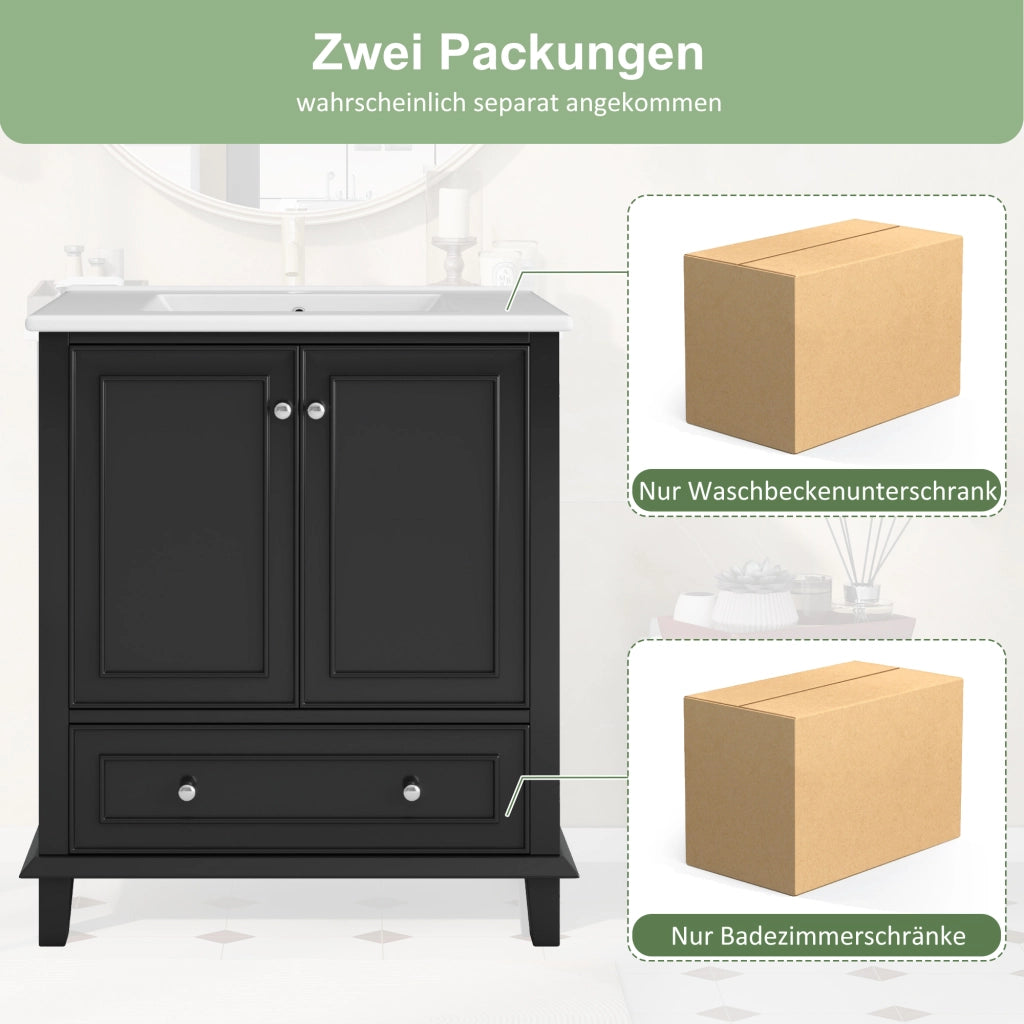 Mobile sottolavabo con lavabo in ceramica, 2 ante, 1 cassetto, ripiano regolabile, struttura in MDF e legno