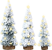 Mini albero di Natale con base di legno verde con effetto neve per decorazione di tavolo, DIY, vetrina da scrivania, decorazione natalizia 3 pezzi 10/15/20 cm.