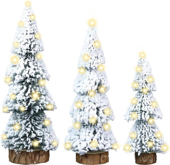 Mini albero di Natale con base di legno verde con effetto neve per decorazione di tavolo, DIY, vetrina da scrivania, decorazione natalizia 3 pezzi 10/15/20 cm.
