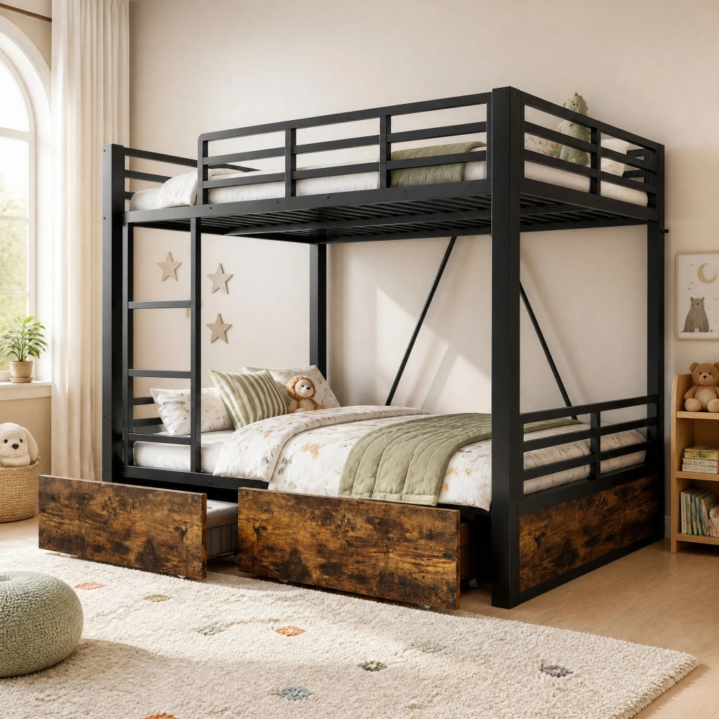 Letto a castello alto 140x200 cm in metallo e legno con cassetti; nero