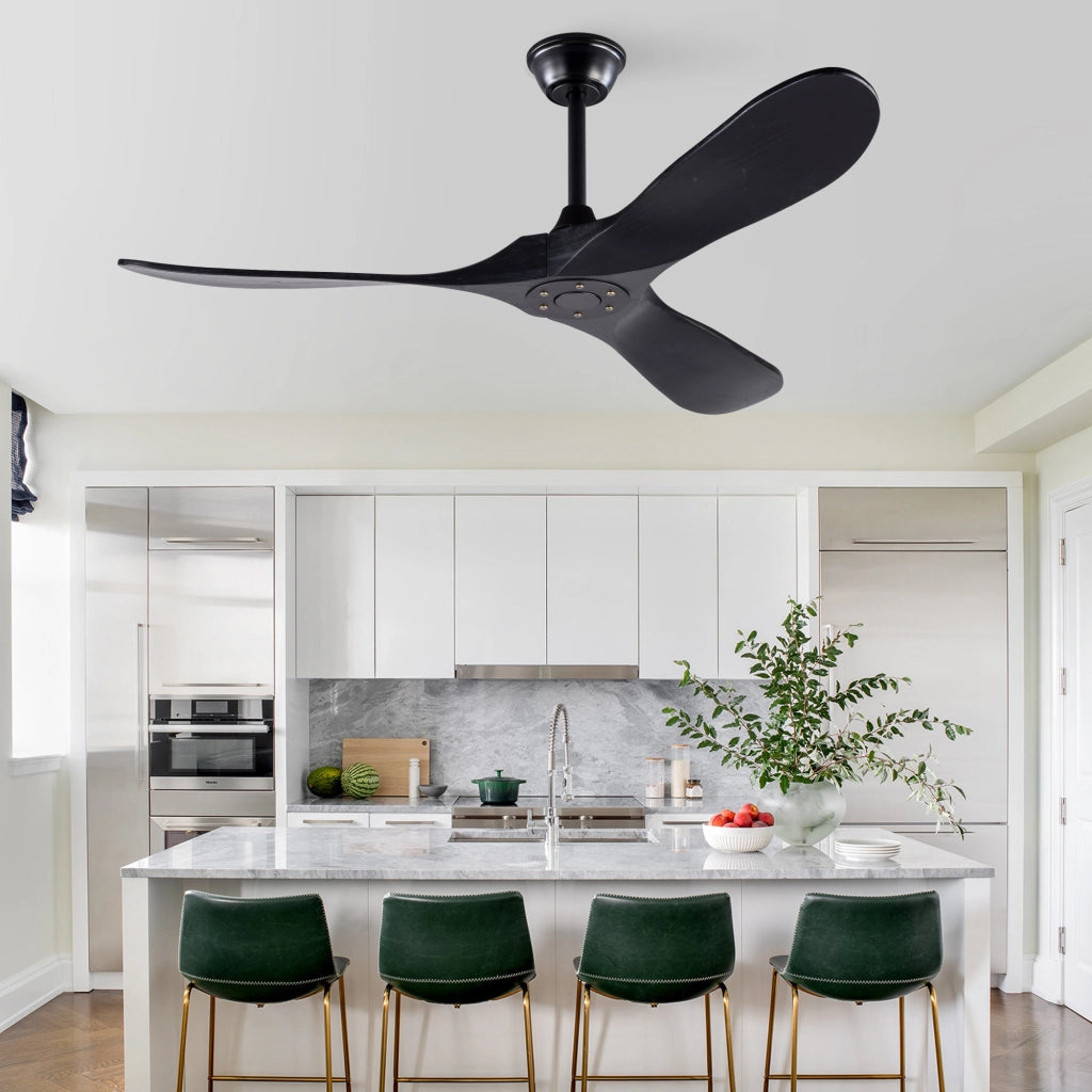 Ventilatore da soffitto nero design moderno 52 pollici, 3 pale legno massello, senza illuminazione, motore DC reversibile silenzioso