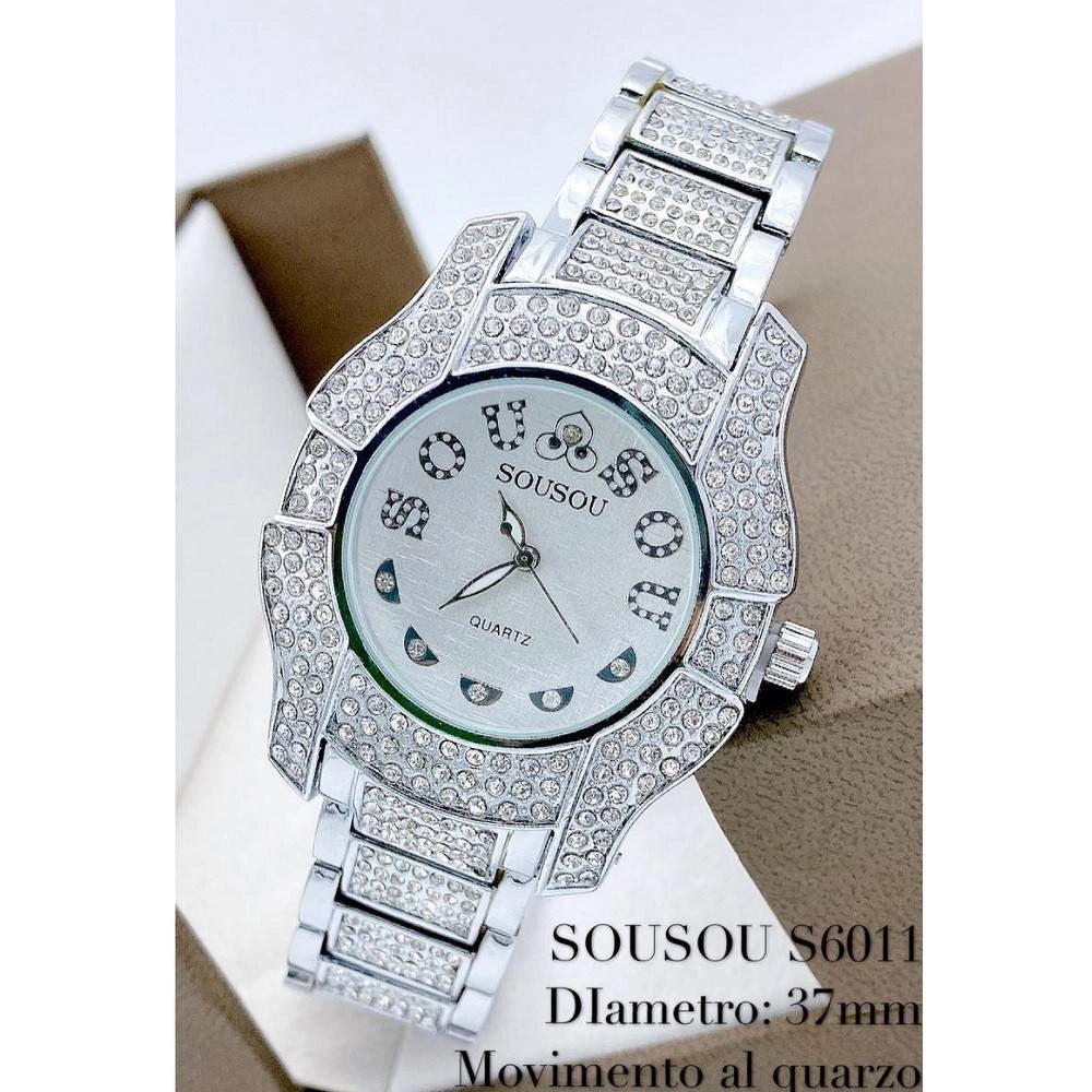 Trade Shop - Orologio Polso Sousou S6011 Quarzo Acciaio Moda Brillantini Silver Fondo Silver -