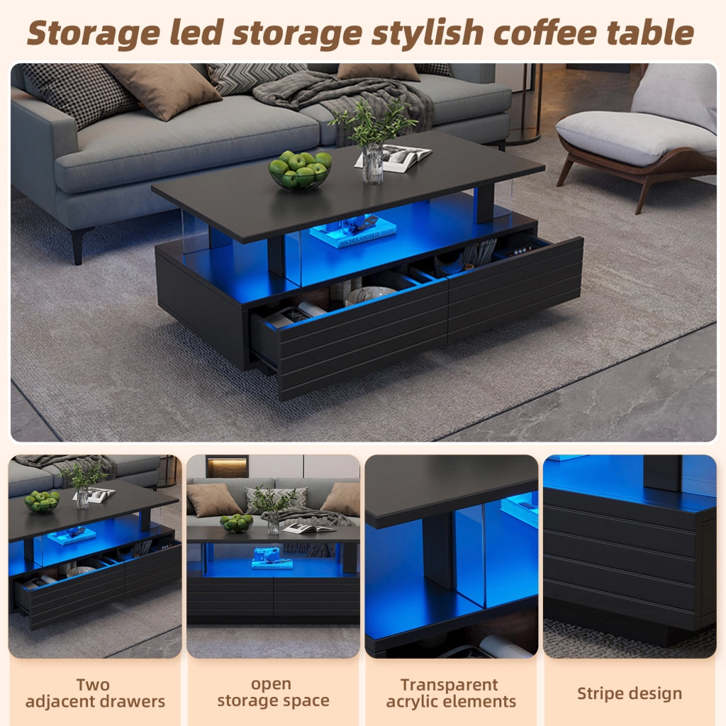 Tavolino da caffè con 2 cassetti; LED e ripiano aperto per soggiorno in acrilico 100×50×42 cm nero