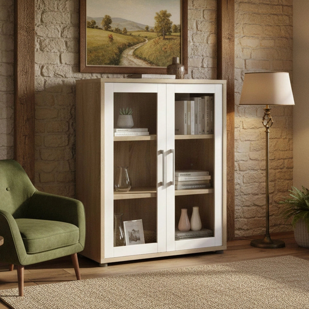 Credenza Ampezzo, Buffet da soggiorno, Madia da salotto, Dispensa da cucina, 89x40 h113 cm, Quercia e Bianco