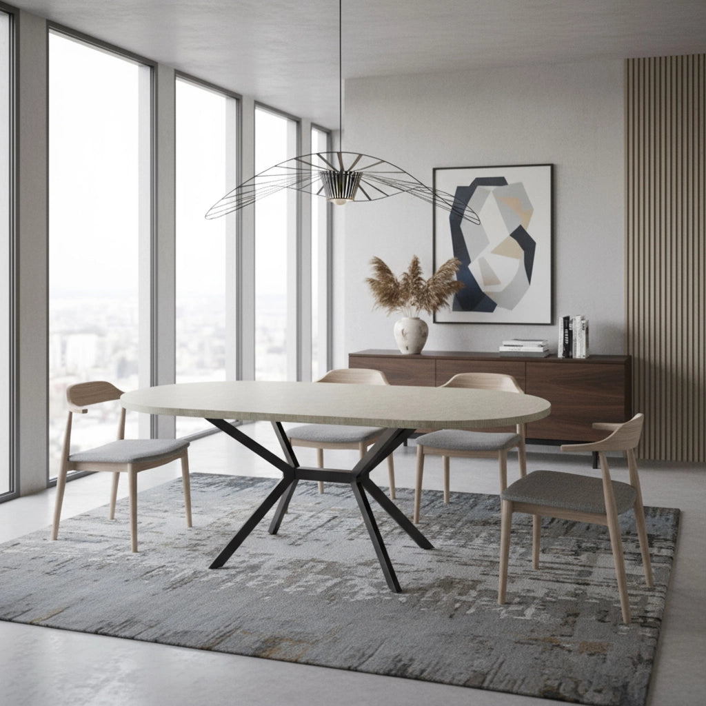 Marui Big - Tavolo da pranzo ovale 180x100 cm in Legno Testurizzato con Piede Centrale in metallo Ashi