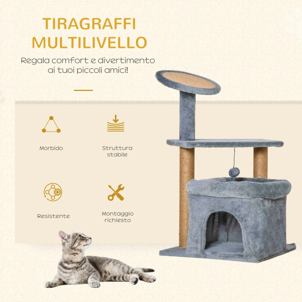 Tiragraffi per Gatti con Casetta e Cuscino ¨C zephmum ¨C Grigio, Juta, 84cm