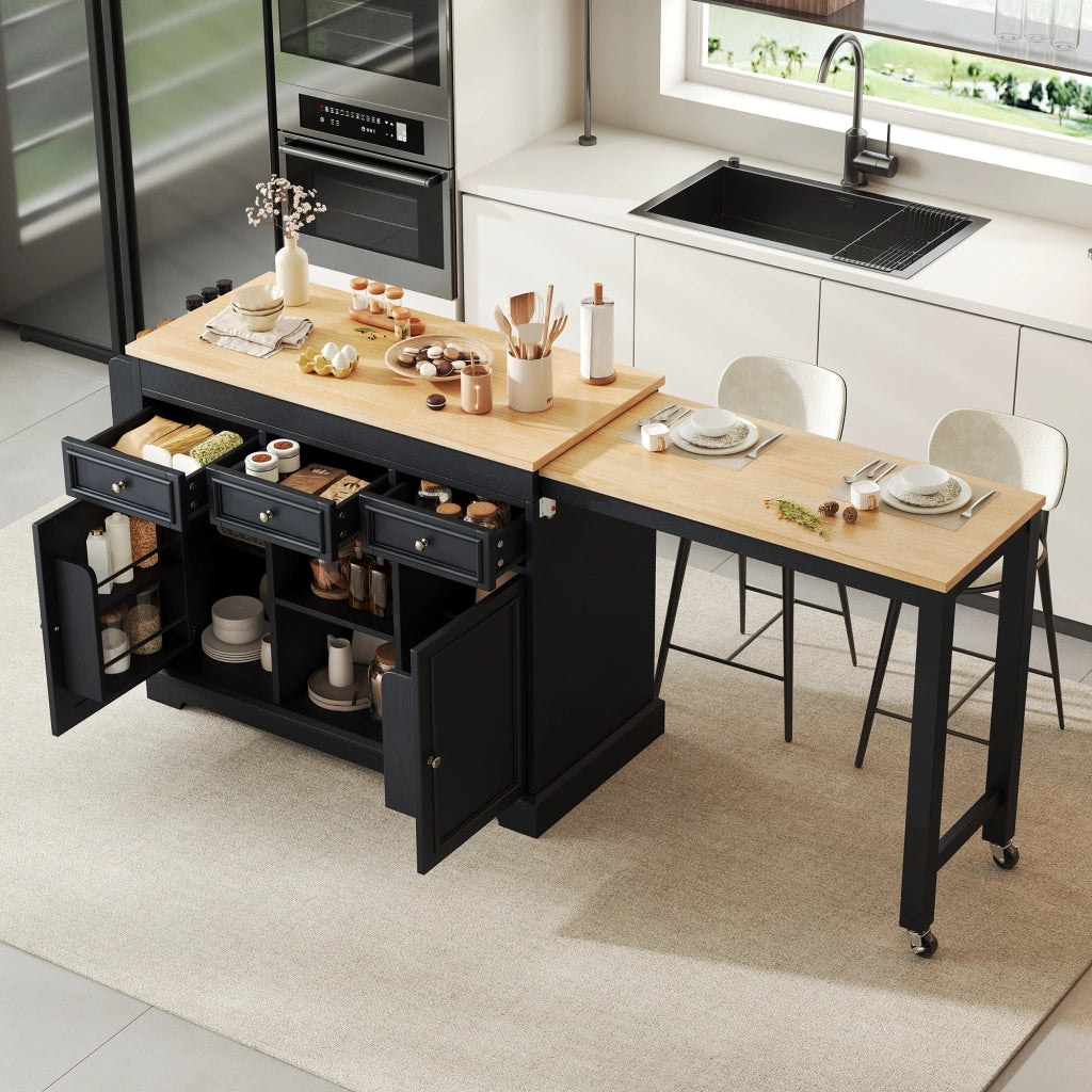 Mobile contenitore con 3 cassetti; piano estraibile e ruote - per cucina e sala da pranzo - nero naturale - 112-188x45x92 cm