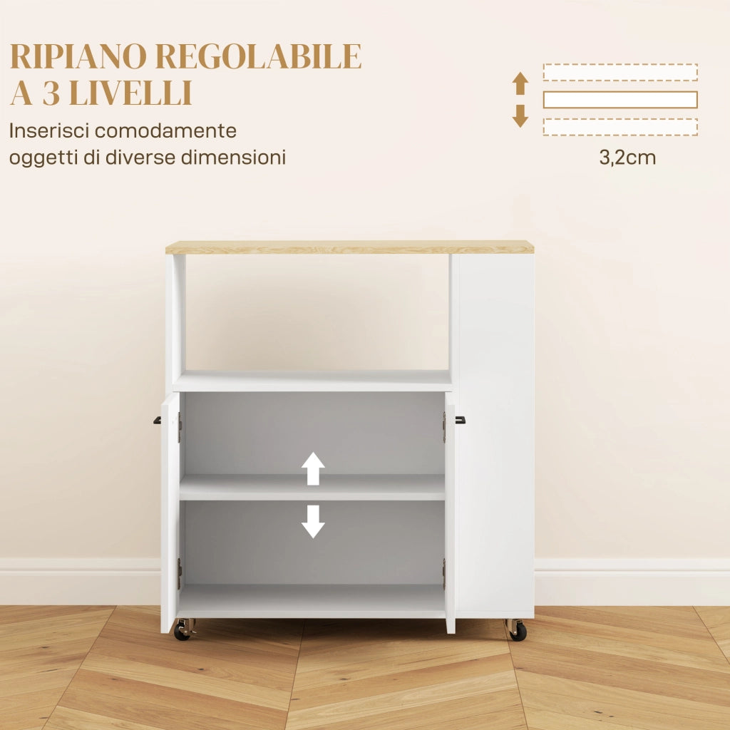 Carrello Cucina in Legno ¨C Xylo ¨C Rovere e Bianco, 75x40x80.5 cm, con Ripiano, Armadietto e Scaffale