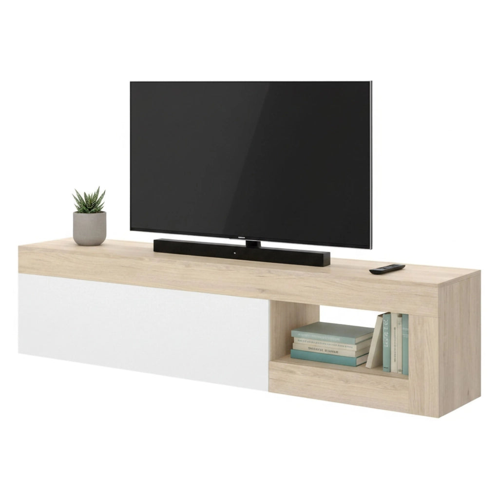Mobile porta TV Animeli, Credenza bassa da soggiorno, Madia da salotto per televisione, 204x42h48 cm, Rovere e Bianco