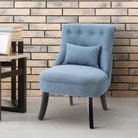 Poltrona per Salotto Imbottita con Cuscino, in Tessuto Effetto Lino e Legno, 52.5x69x77 cm, Blu