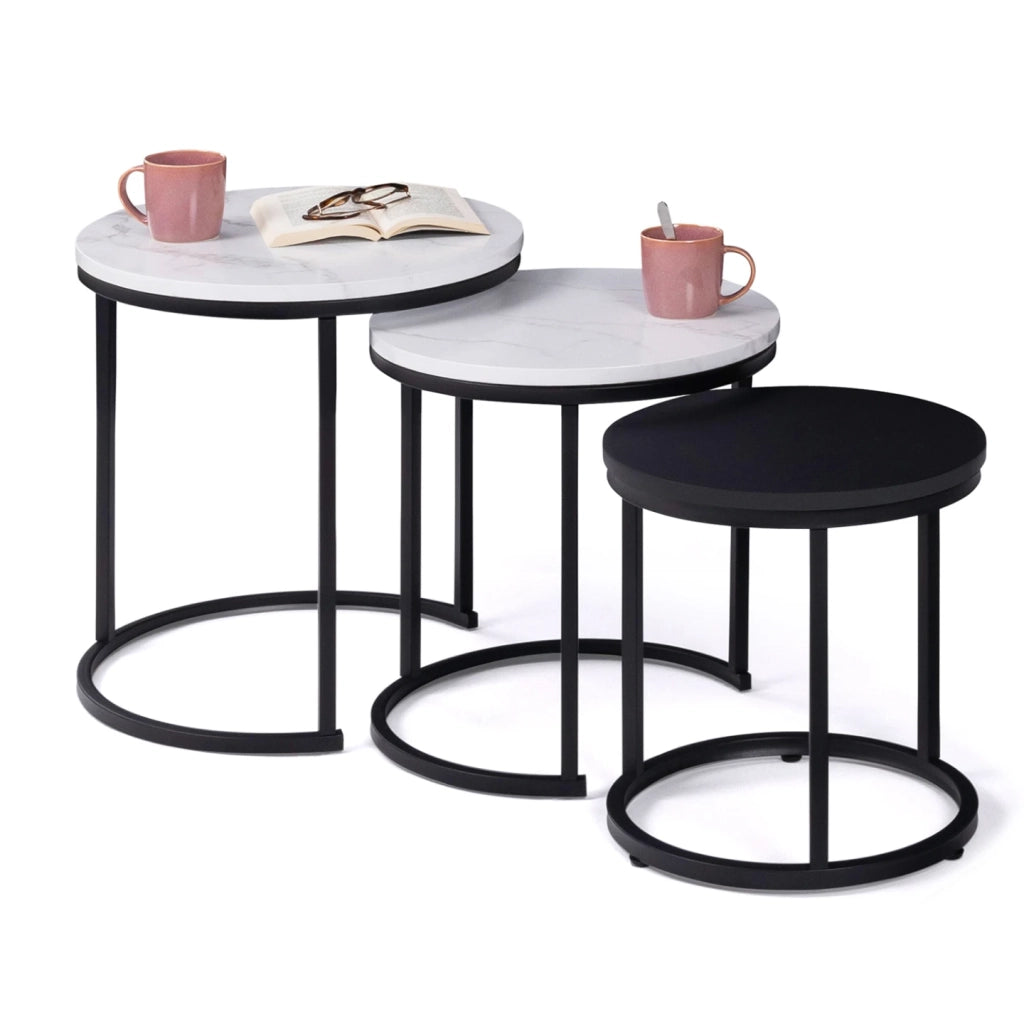 IDMarket - Set di 3 tavolini rotondi 35/40/45 effetto marmo e legno nero, base in metallo ALASKA