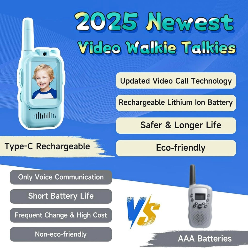 VIDEO WALKIE TALKIE BAMBINI 2 PEZZI RICARICABILI CON SCHERMO GIOCO EDUCATIVO