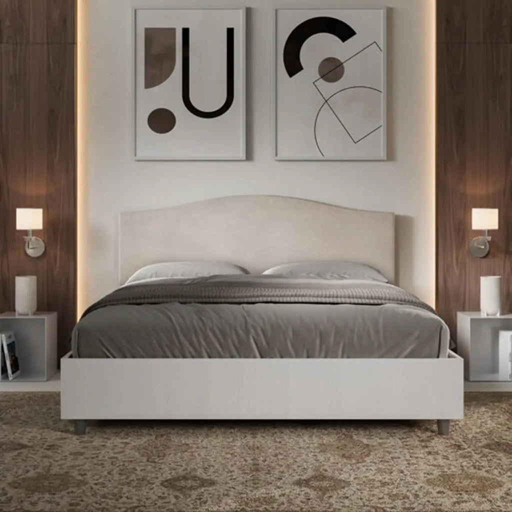 Letto matrimoniale con rete 160x200 bianco frassino testata microfibra sabbia Grace