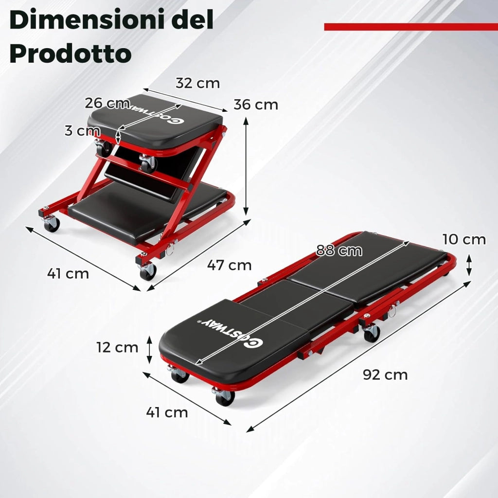 COSTWAY 2 in 1 Sgabello da Officina a Forma di Z, Carrello Meccanico sotto Auto con Sedile Imbottito e Ruote Girevoli a 360°, Portata 150 kg, per Garage e Officina (Nero)