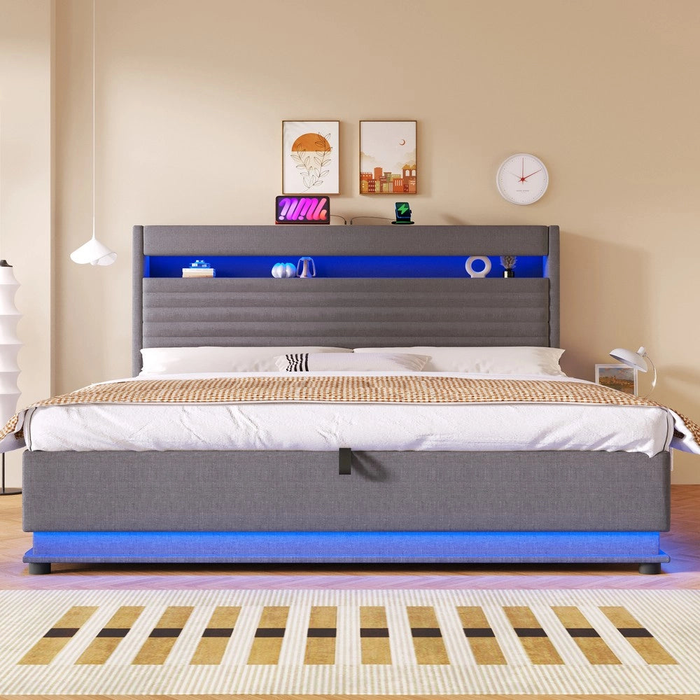 Letto Imbottito Contenitore con LED e USB ¨C MINIMAL ¨C Tessuto Grigio 180x200