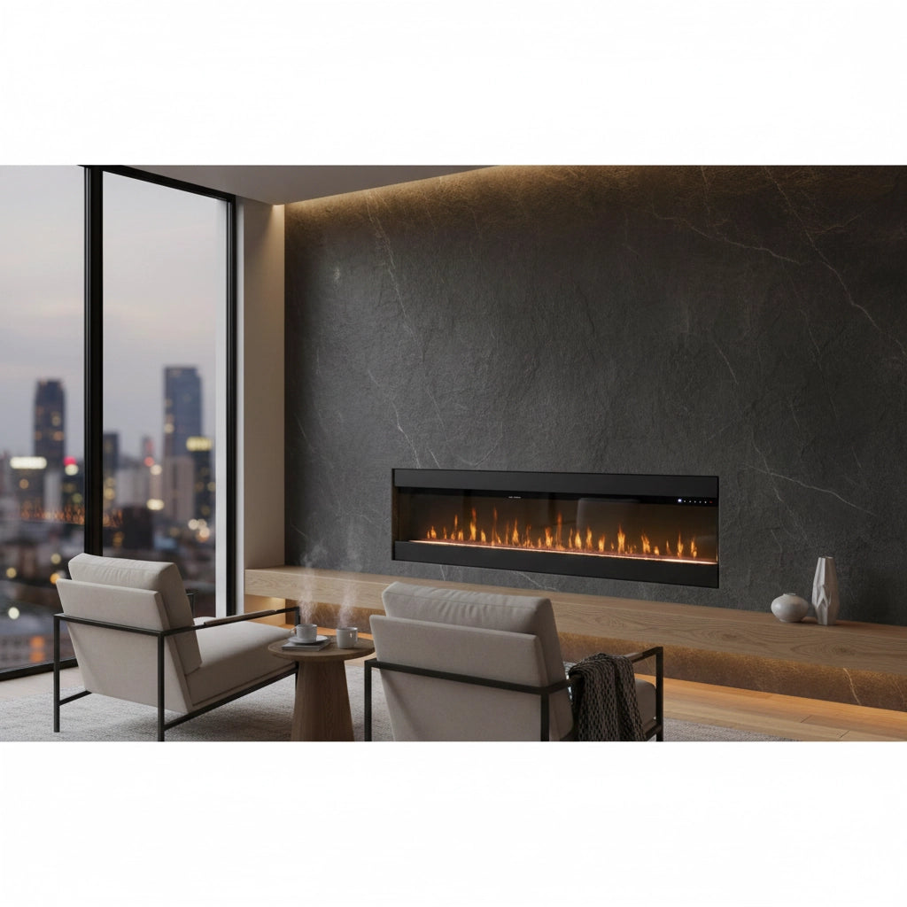 Camino Elettrico da Parete o Incasso Velar 182x20x48 cm Effetto Fiamma Telecomando in MDF Nero Opaco