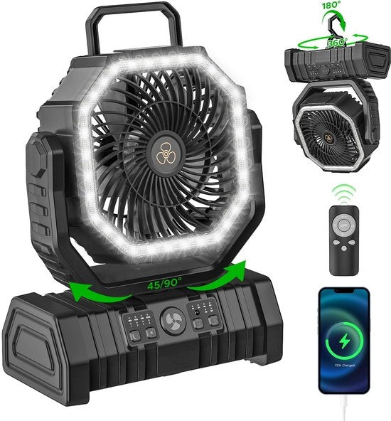Ventilatore da campeggio portatile 20000mAh alimentato da batterie, ventilatore da tenda con luce LED